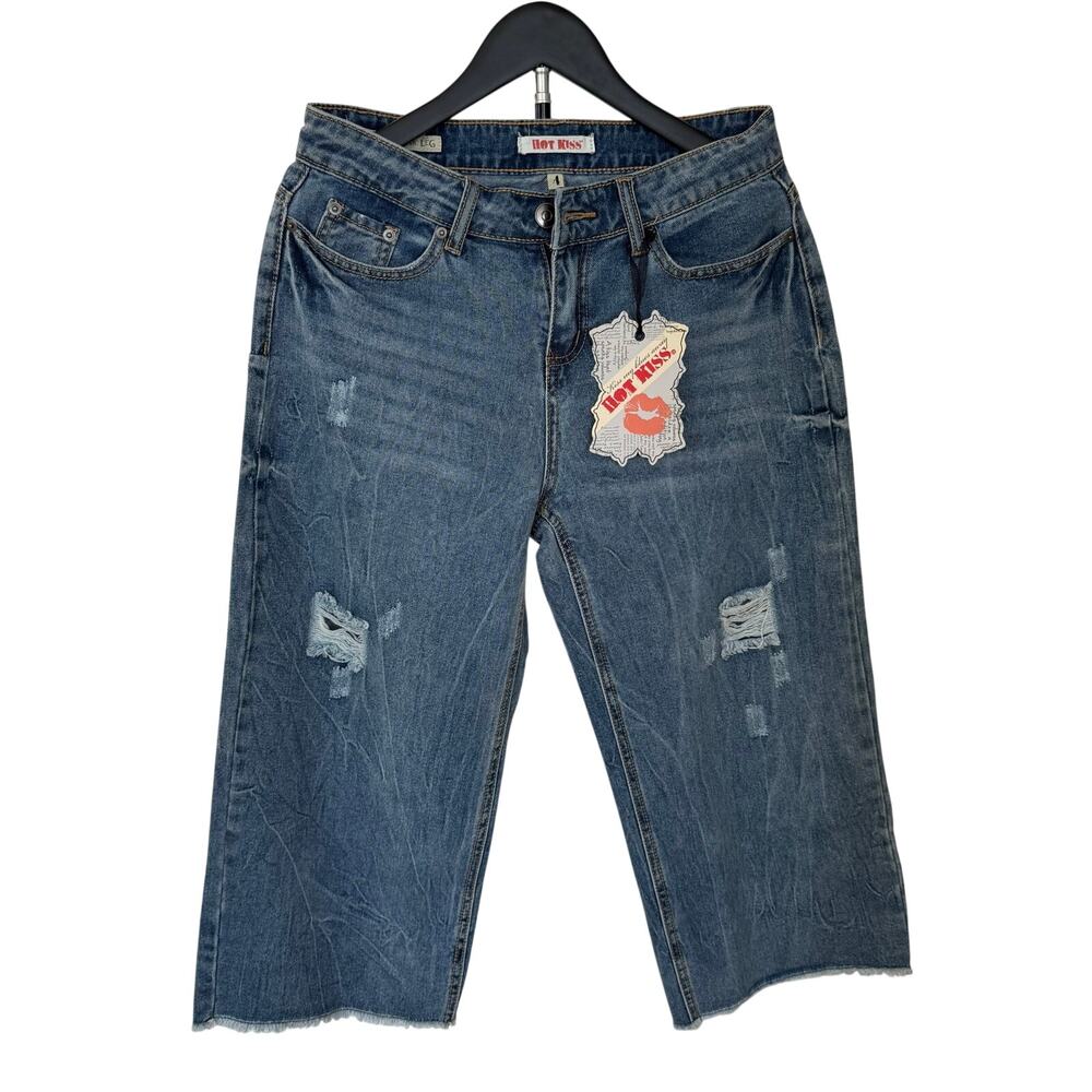 Hot Kiss Y2K distressed, capri, jeans, size 4 medium wash, raw hem cropped